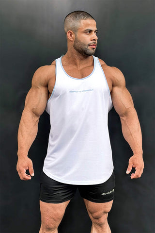 Fast-Dry Bodybuilding Workout Stringer - White with Blue